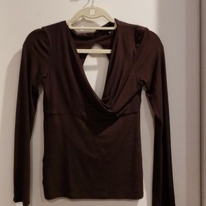 Bcbg brown top with swoop back and sequined strap